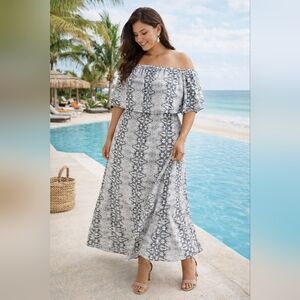 Eloquii Snakeskin Off Shoulder Maxi Dress 22 3X Ruffle Plus Size